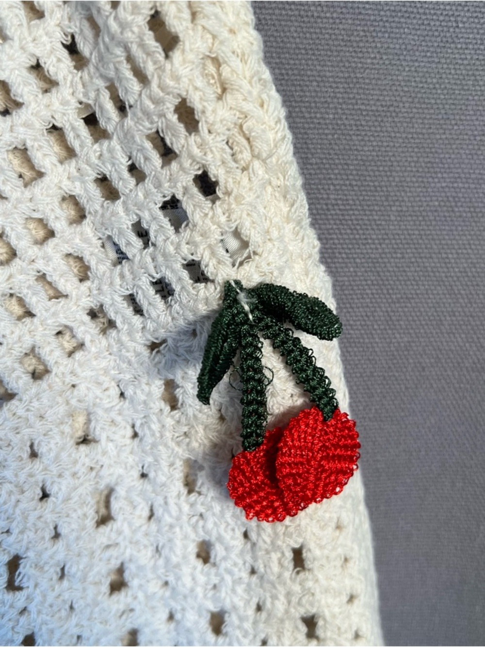 Rebellion Cream Crochet Top with Open Knit & Red Cherries Boho Cottage Country - Picture 3 of 4